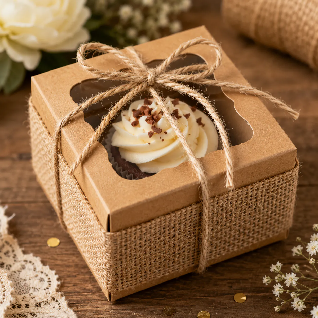 A sturdy cardboard box covered in rustic burlap, tied with a jute string bow.