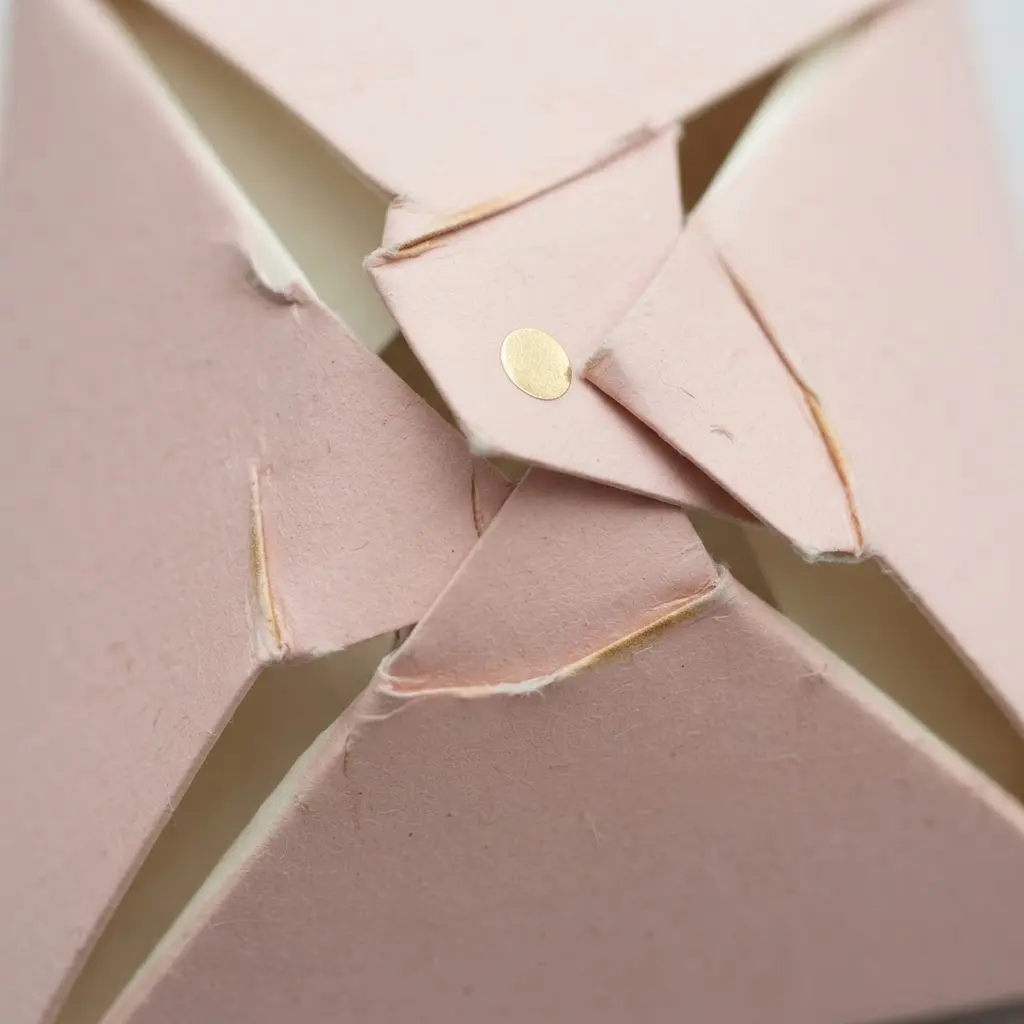 A geometric pyramid-shaped box constructed from light pink cardstock with a secure flap closure.