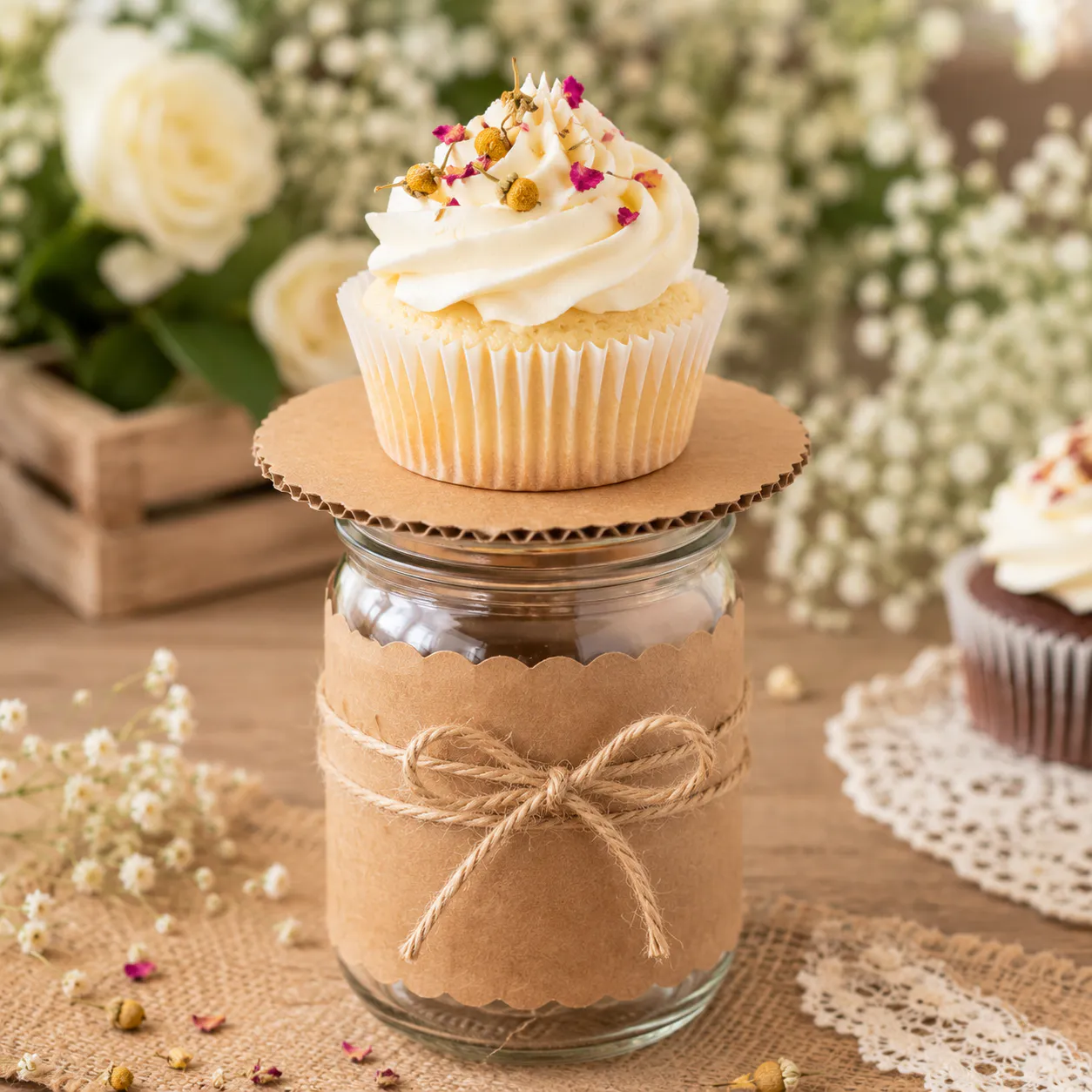 A glass mason jar wrapped in kraft paper acts as a base for a cupcake secured on top.