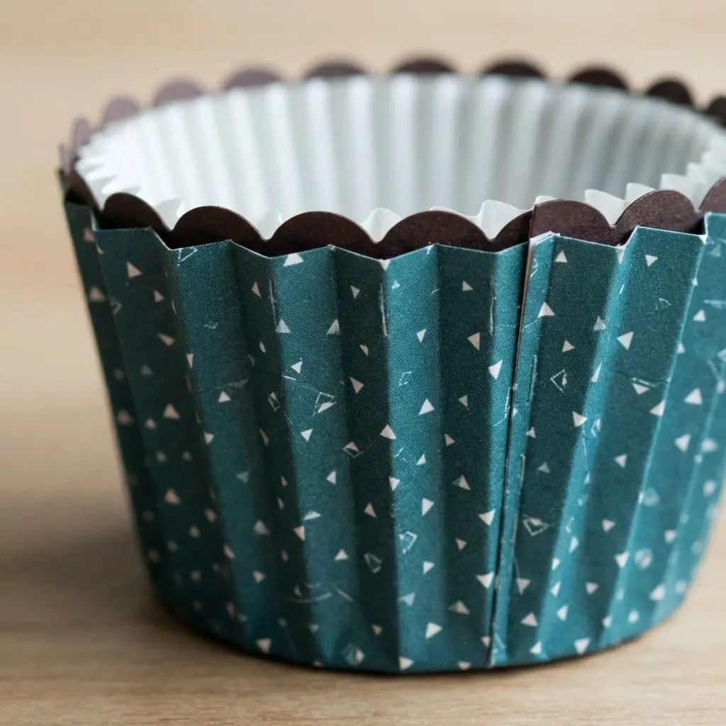 An accordion-folded sleeve made from patterned scrapbooking paper encircling a cupcake liner.