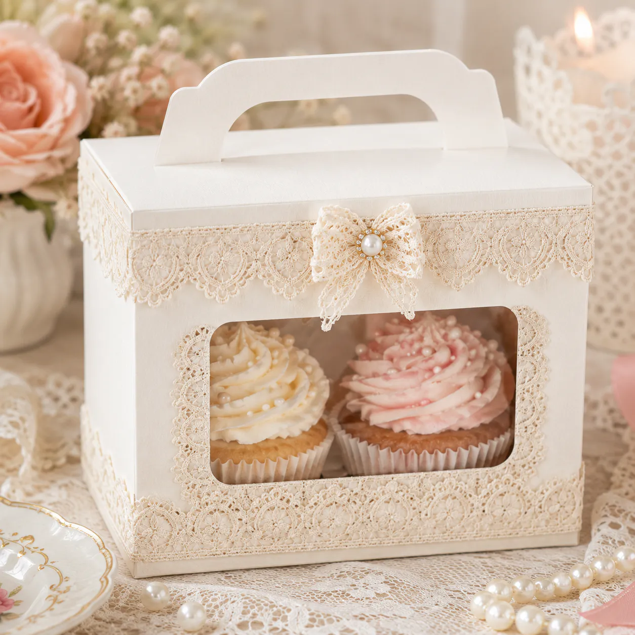 A white rigid paper box with delicate lace trim glued around its lid and sides.