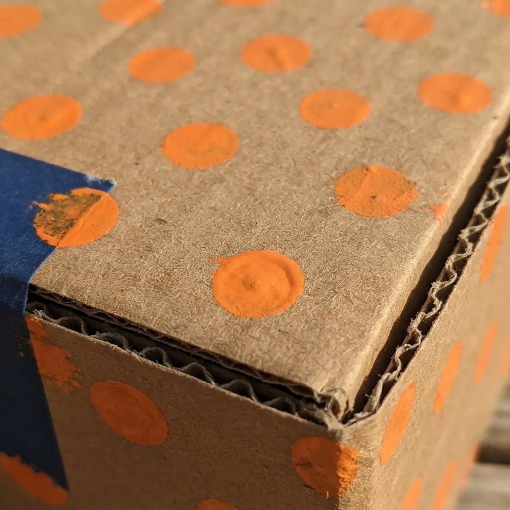 A brown corrugated cardboard box with a colorful polka dot pattern and a snug-fitting lid.