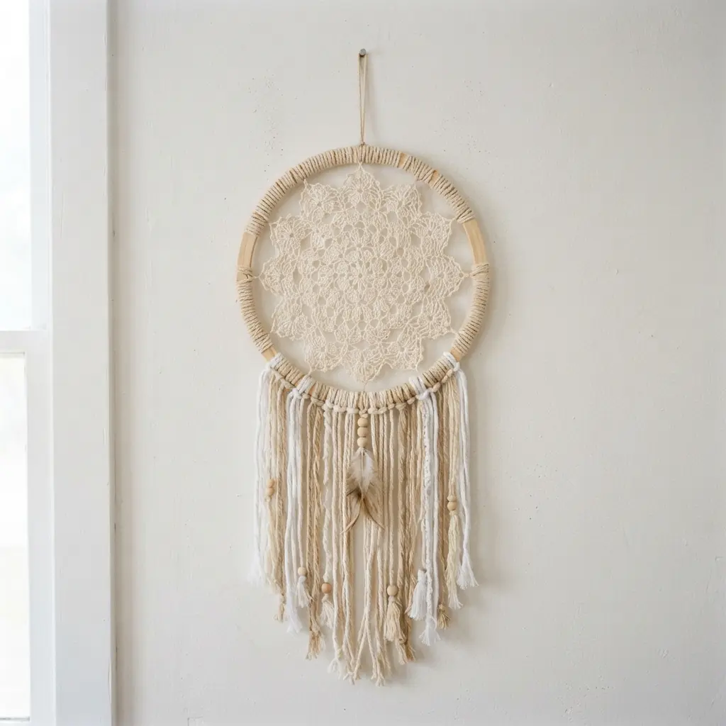 A delicate white crochet doily mounted inside a circular macrame hoop, creating a simple and elegant wall hanging.
