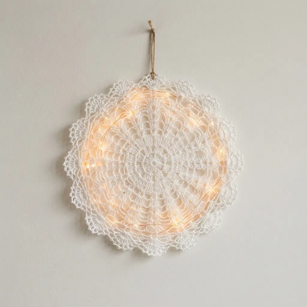 A large, ornate crochet doily with delicate battery-operated fairy lights woven through its openwork pattern, creating a soft glow.