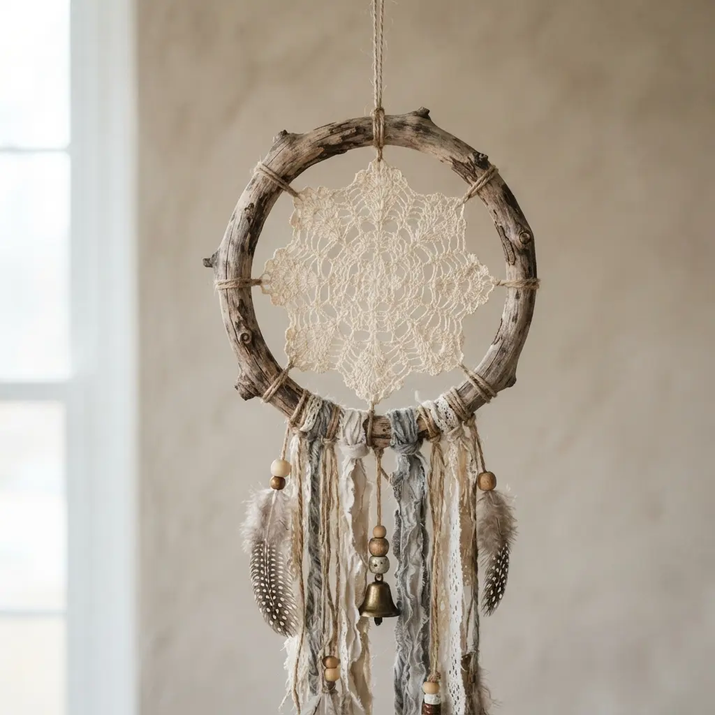 A vintage lace doily suspended from a foraged, weathered tree branch, combining delicate textiles with natural wood.