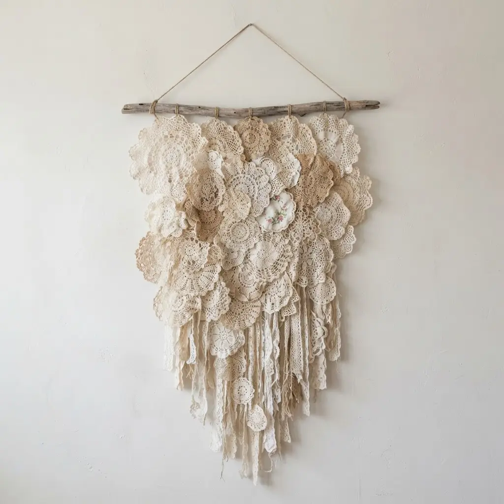 A collection of vintage lace doilies in various sizes layered together to create a textured, dimensional wall art piece.