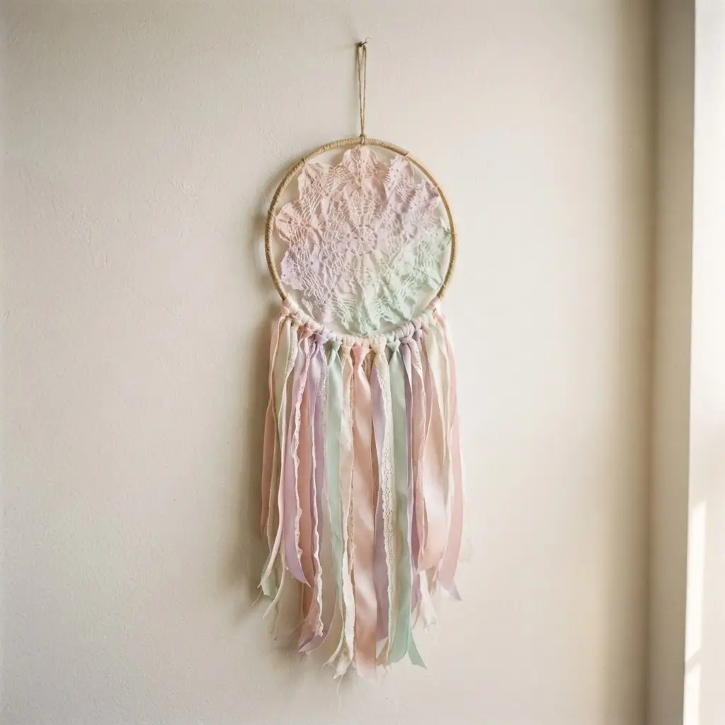 A lace doily dyed in a soft pastel hue, decorated with long, silky ribbons in complementary colors flowing from its base.