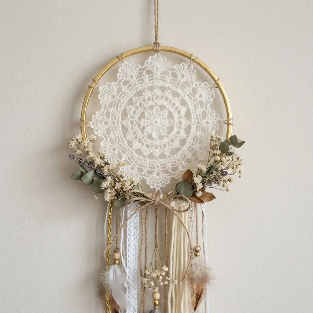 A white lace doily set within a shiny gold metallic embroidery hoop, embellished with small dried flowers and greenery.