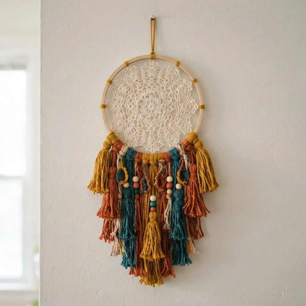 A detailed crochet doily with a vibrant, multi-colored yarn tassel fringe hanging from its lower edge for a playful boho touch.