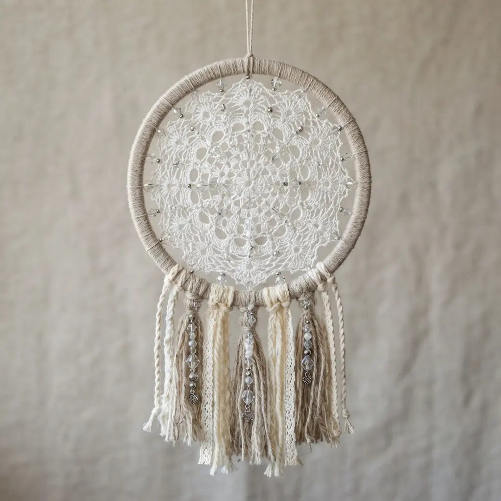 An intricate lace doily wrapped with neutral-colored yarn and adorned with clear crystal beads that catch the light.