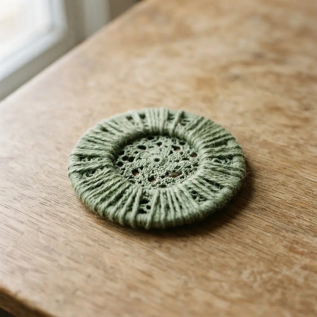 A miniature lace doily tightly wrapped in a single color of cotton yarn, creating a cohesive, textural ornament.