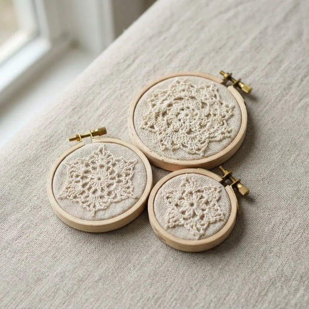 A collection of three small vintage doilies, each mounted in its own miniature wooden embroidery hoop for a grouped display.