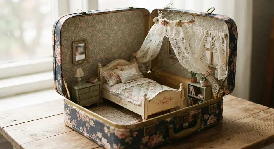 A small, open vintage suitcase reveals a detailed doll bedroom with a tiny bed and floral wallpaper.