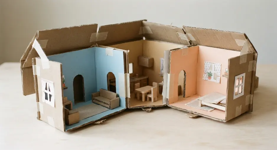 An accordion-folded cardboard structure that expands into a multi-room dollhouse when opened.