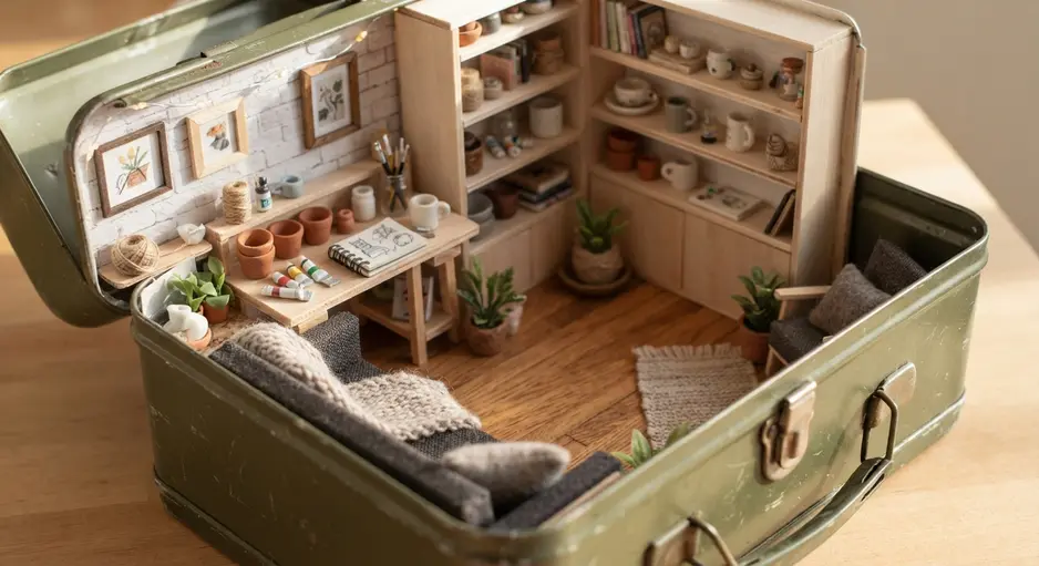 A hard-shell lunchbox opened to show a sleek, contemporary doll studio with minimalist furniture.