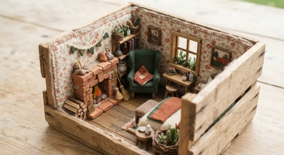 A rustic wooden crate dollhouse with soft felt walls and a miniature cottage-style interior.