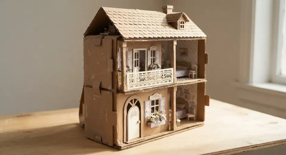 An open cardboard folder transformed into a grand two-story dollhouse with paper details.