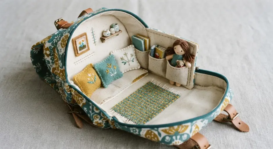 The inside lining of a child's backpack features a patterned fabric doll playroom with pockets.