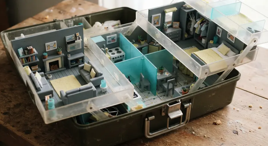 A clear plastic tackle box with compartments arranged as rooms in a compact doll apartment.