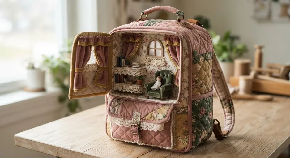 The main compartment of a quilted bag opens to a Victorian-style doll parlor with miniature furniture.