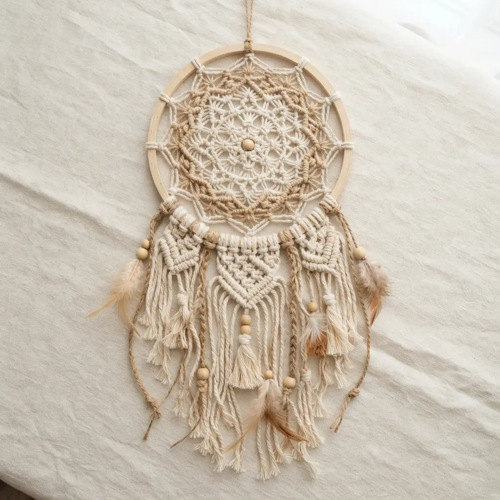 Close-up of a boho dream catcher featuring intricate macrame lace weaving on a natural wood hoop with jute tails.