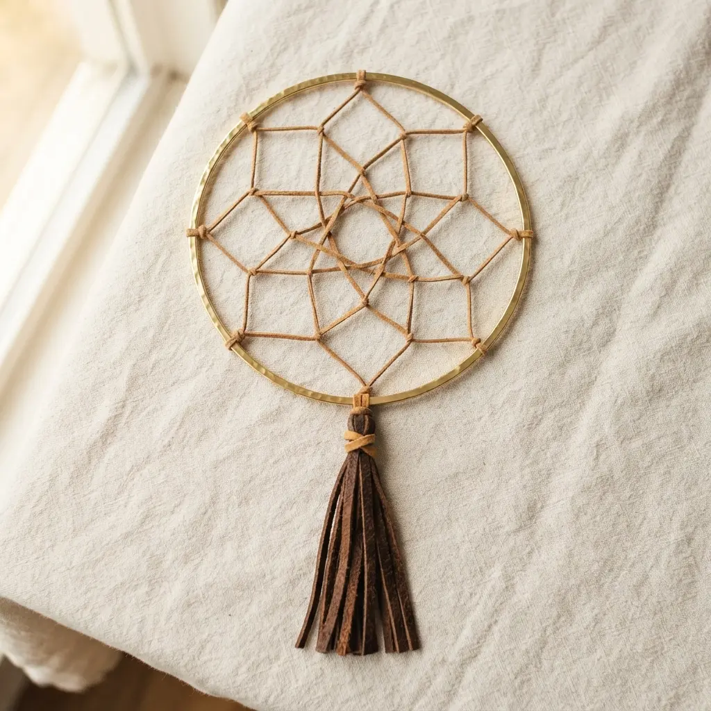 Minimalist dream catcher with a gold metal ring, woven leather strips, and a single suede tassel.