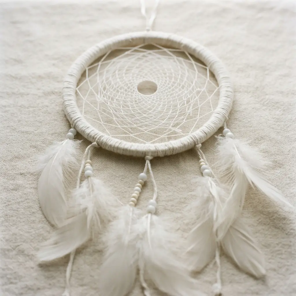 Serene, monochromatic dream catcher with a white wrapped hoop, a dense cotton thread web, and white feather details.