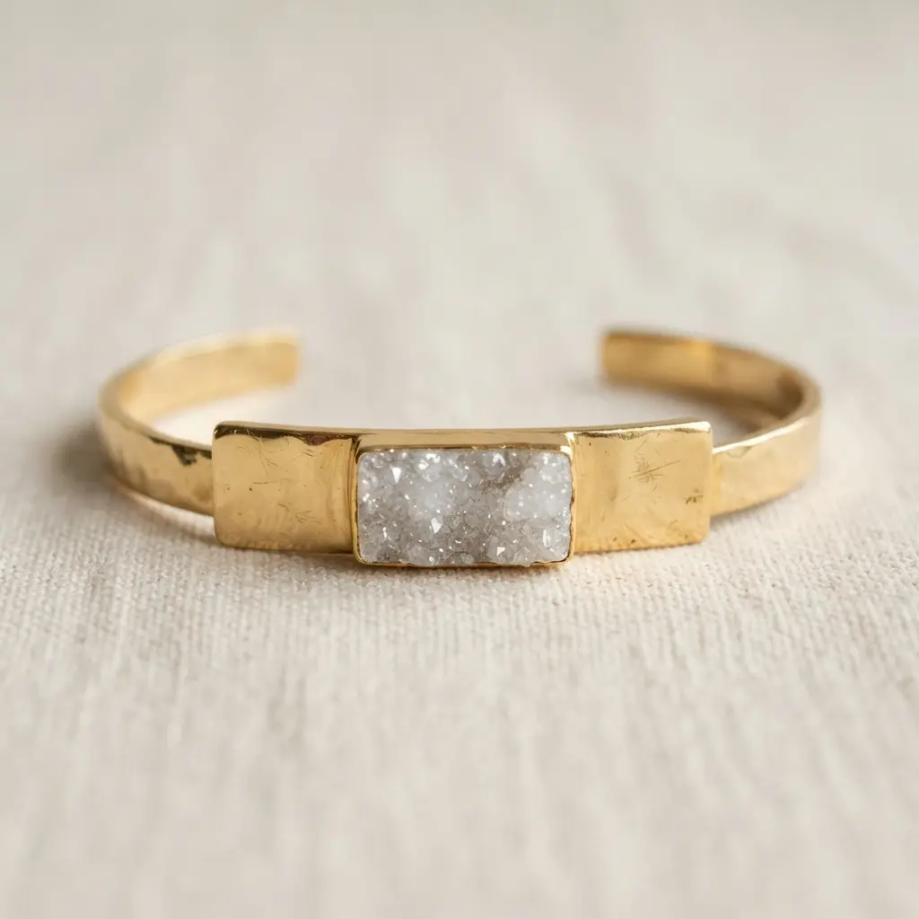 A sleek gold metal cuff bracelet with a single rectangular druzy stone set flush in a simple bezel.
