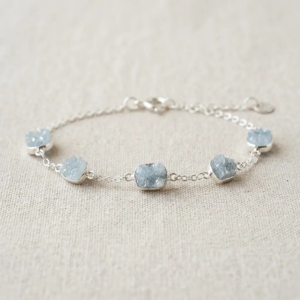 A delicate silver chain bracelet where small druzy stones are set so the metal framework is minimal, making the crystals look like they are floating.