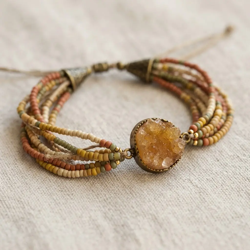 A multi-strand bracelet with tiny seed beads in earthy tones connecting to a single large druzy bead focal point.