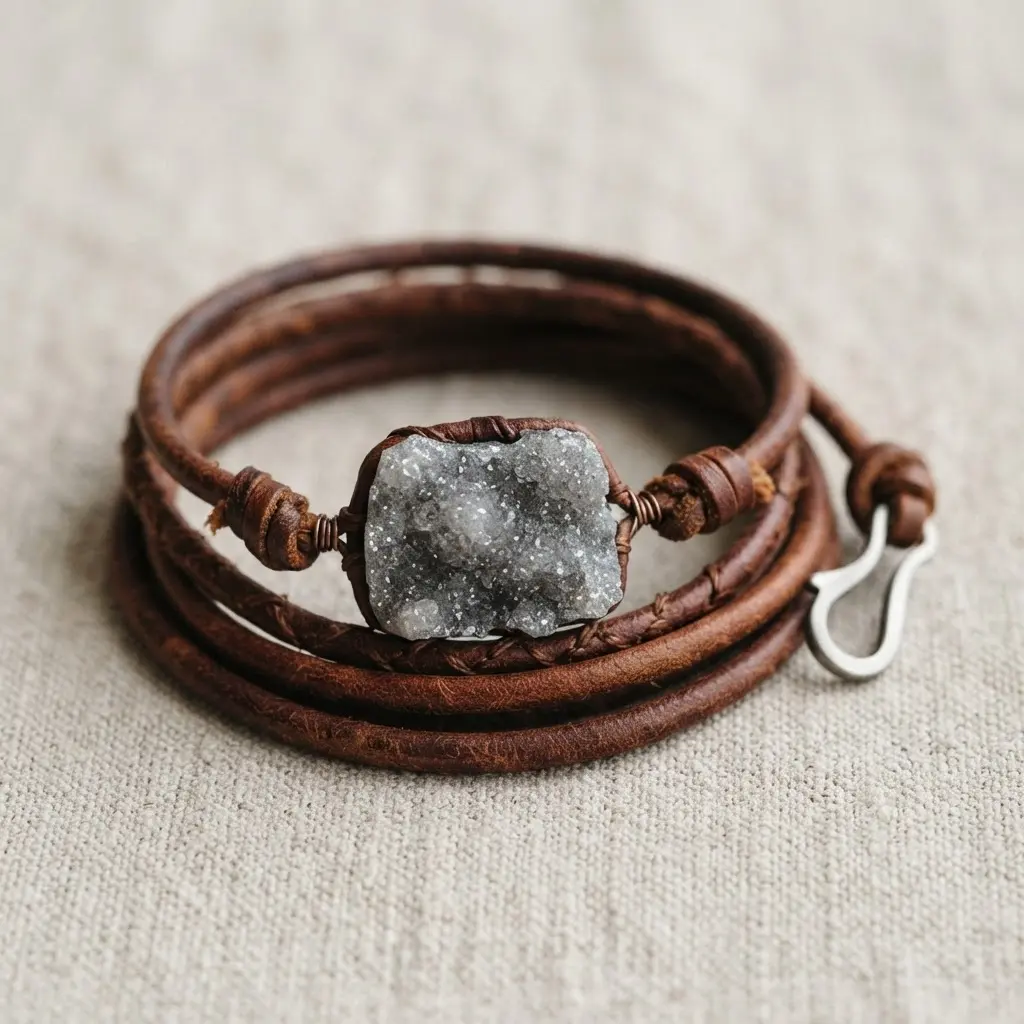 A brown leather cord wrapped multiple times around the wrist, secured with a raw, irregularly shaped druzy stone chunk.
