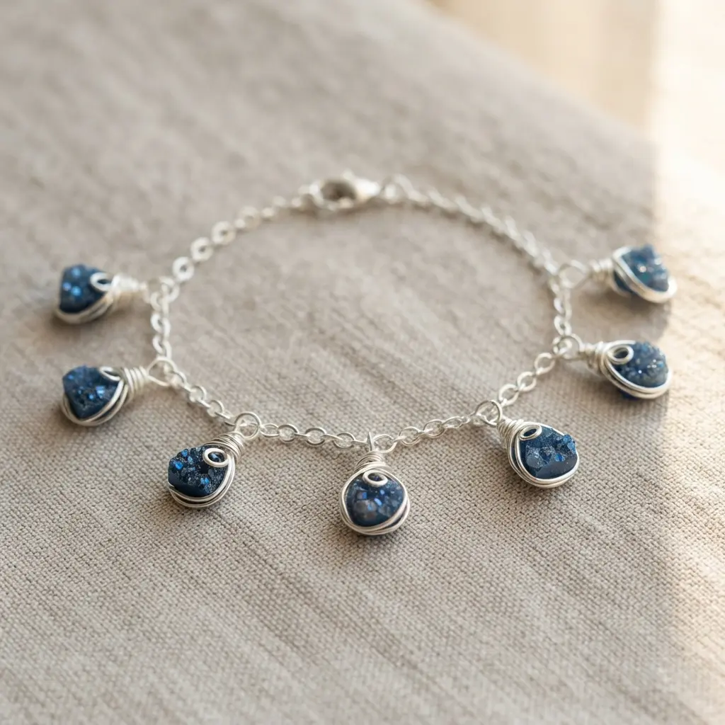 A silver chain bracelet with several small, wire-wrapped druzy stone charms dangling from it.