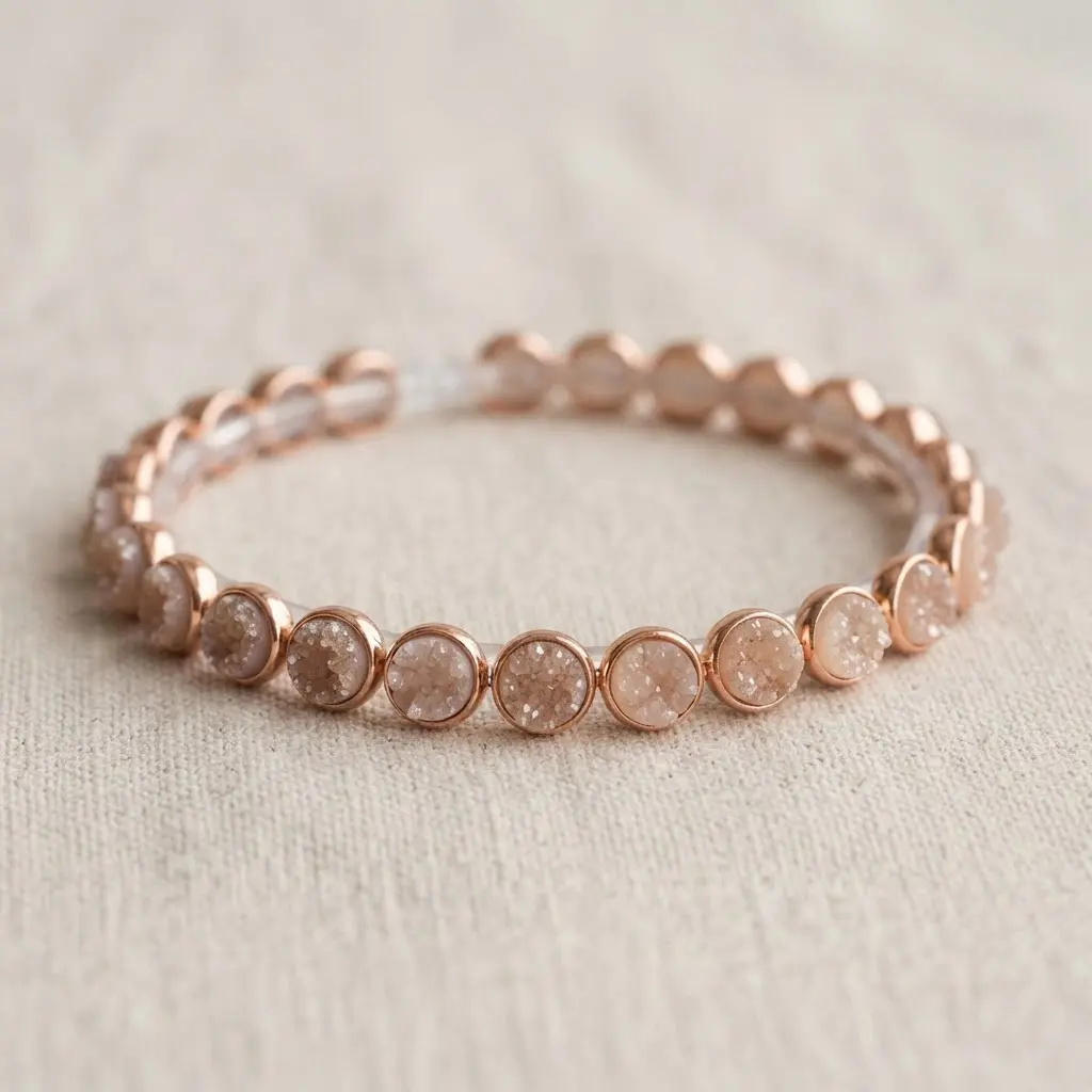 A stretch elastic cord strung with several small round druzy beads, each set in a rose gold metal bezel.