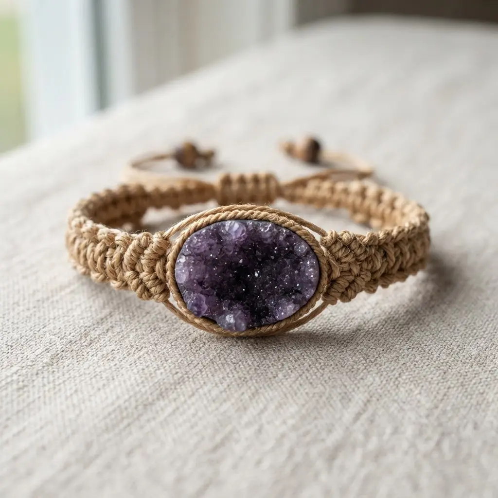 A detailed macramé knotting bracelet made from tan cord, with a substantial oval druzy cabochon woven into the center as the focal point.