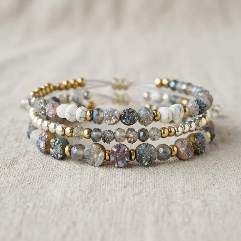 Three separate thin elastic bracelets, each featuring a mix of small druzy beads and metallic spacers, designed to be worn together.