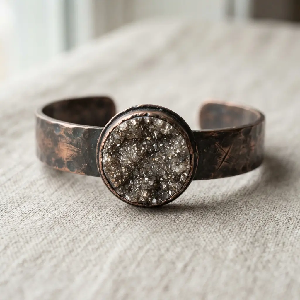 A substantial bronze metal bangle cuff with a large, round druzy cabochon prominently set on top.