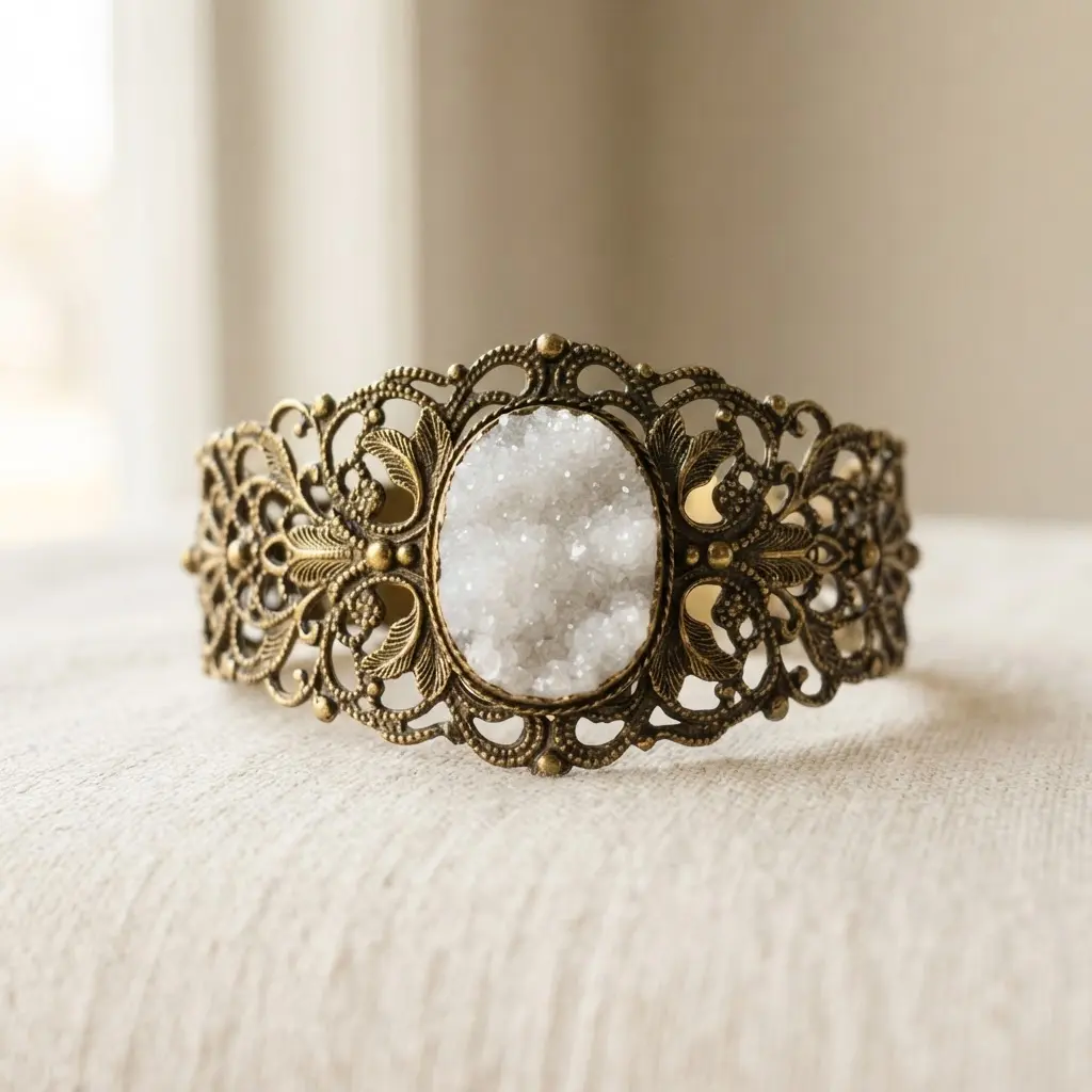 An ornate, openwork filigree design metal cuff bracelet, with a single sparkling druzy stone set within the delicate pattern.
