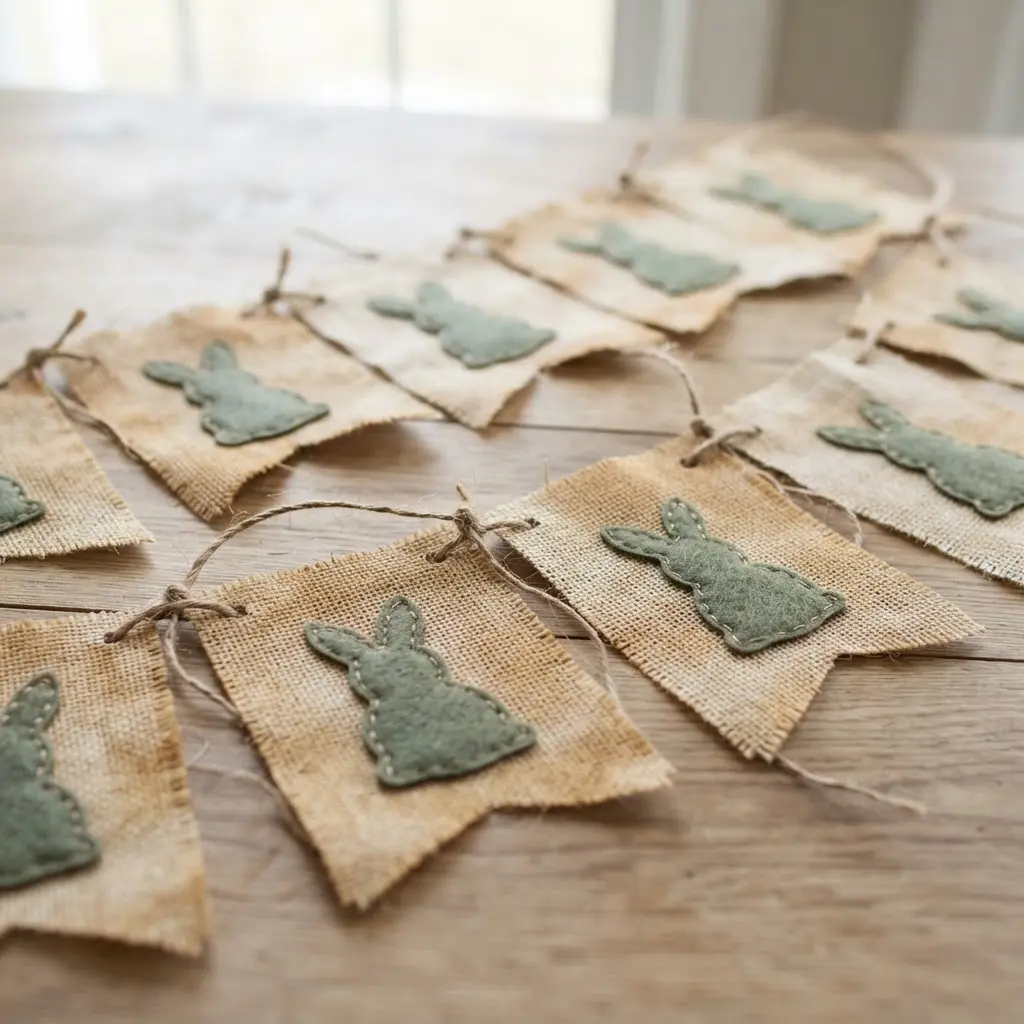 A vintage-style banner made from tea-dyed burlap featuring cut-out bunny shapes tied with twine.