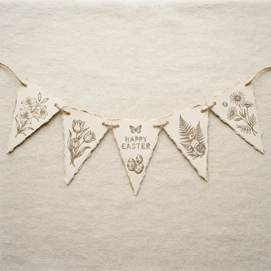 Triangular paper pennants featuring reproductions of Victorian-era botanical prints of spring flowers.