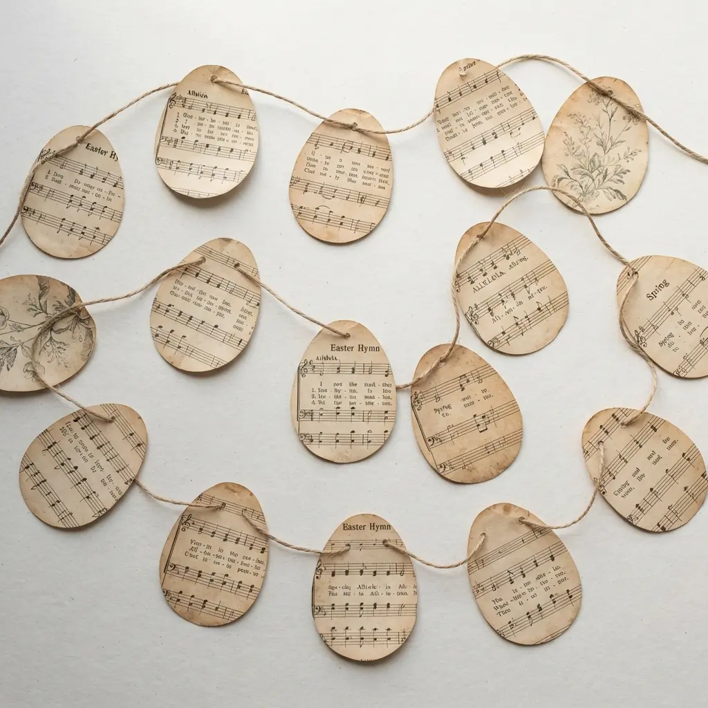 An Easter garland constructed from tea-stained sheet music pages cut into egg shapes and strung on twine.