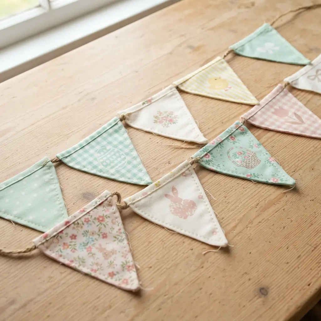 A patchwork pennant banner sewn from soft pastel gingham and vintage-inspired floral fabric scraps.