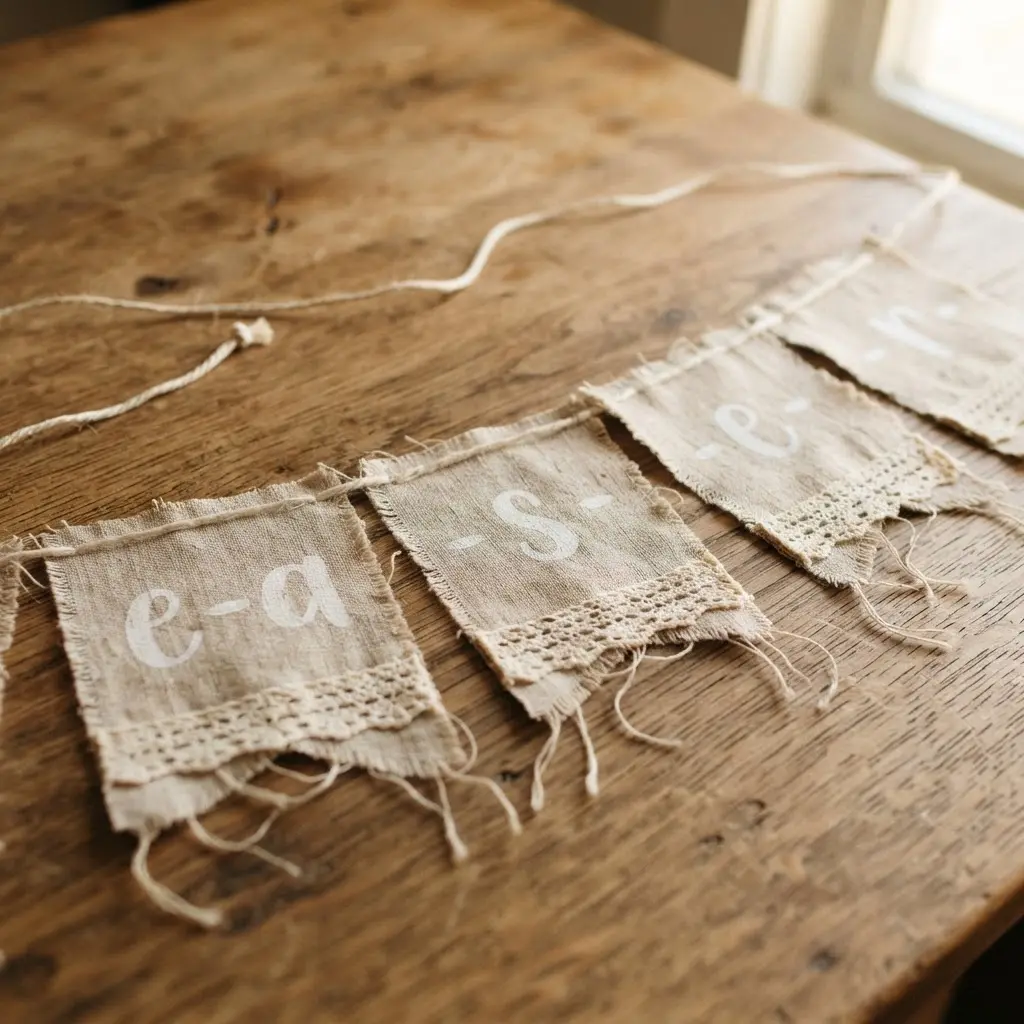 A simple fabric banner made from natural linen with intentionally frayed edges and delicate lace trim.