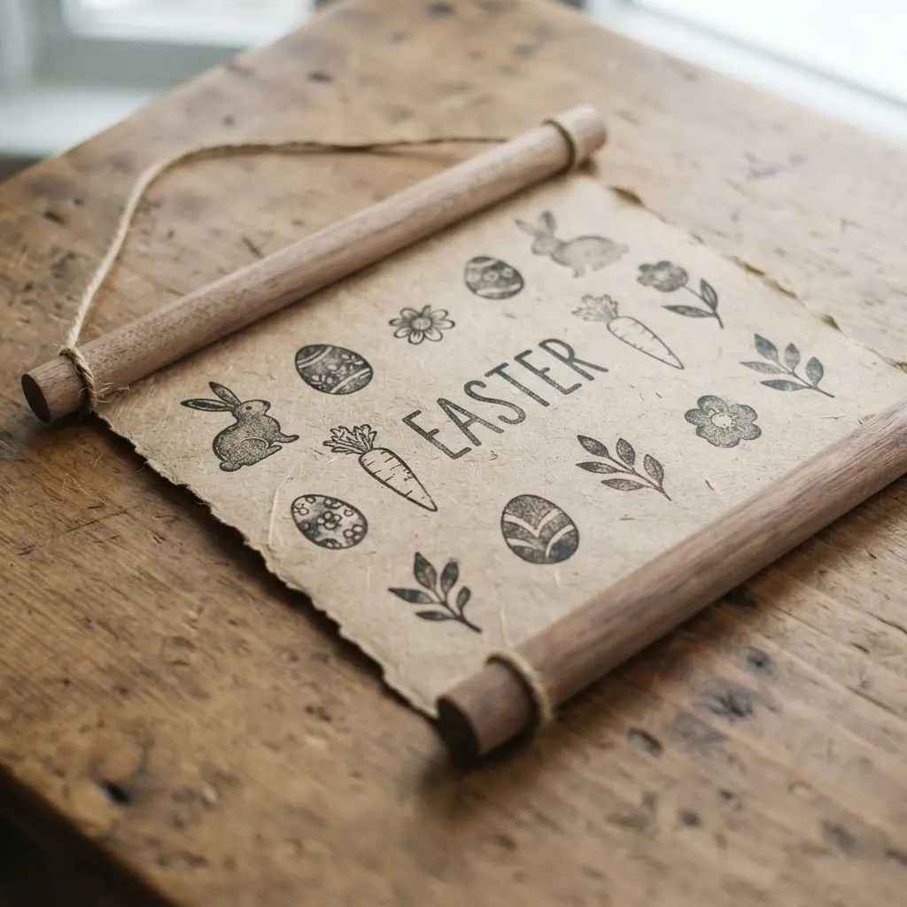 A rustic banner made from rolled kraft paper scrolls with hand-stamped letters spelling a spring message.