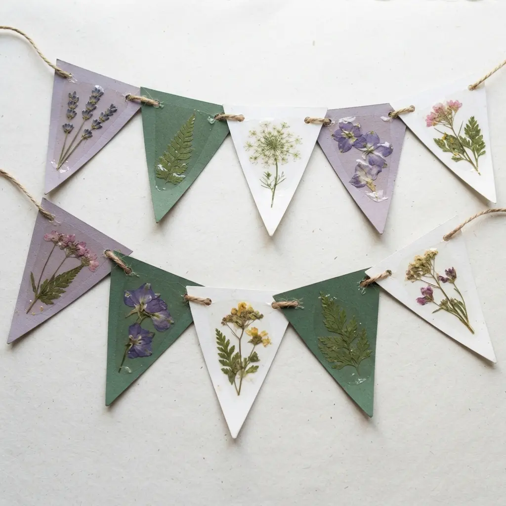 Elegant cardstock pennants decorated with pressed dried flowers and leaves under a clear sealant.