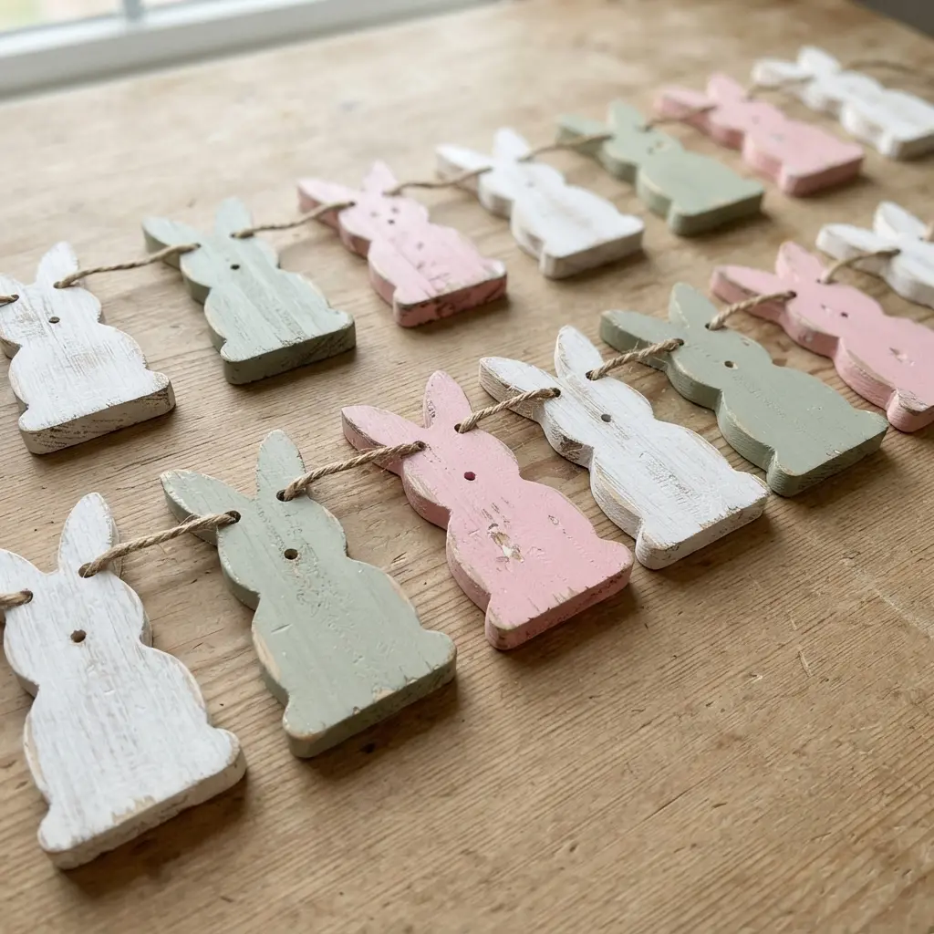 A set of wooden bunny cutouts painted in muted pastels and lightly sanded for a distressed, vintage look.