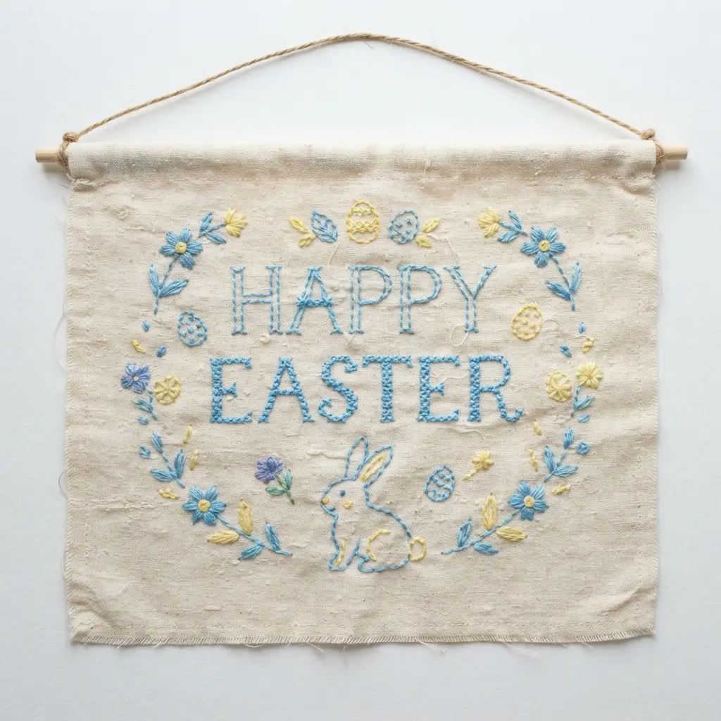 A cream linen banner featuring a simple Easter message stitched by hand with embroidery floss.