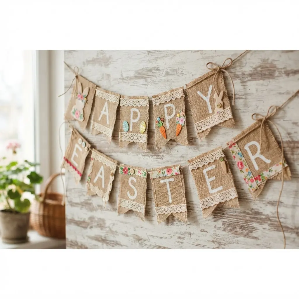 A soft banner created by threading vintage lace doilies onto a length of sage green velvet ribbon.