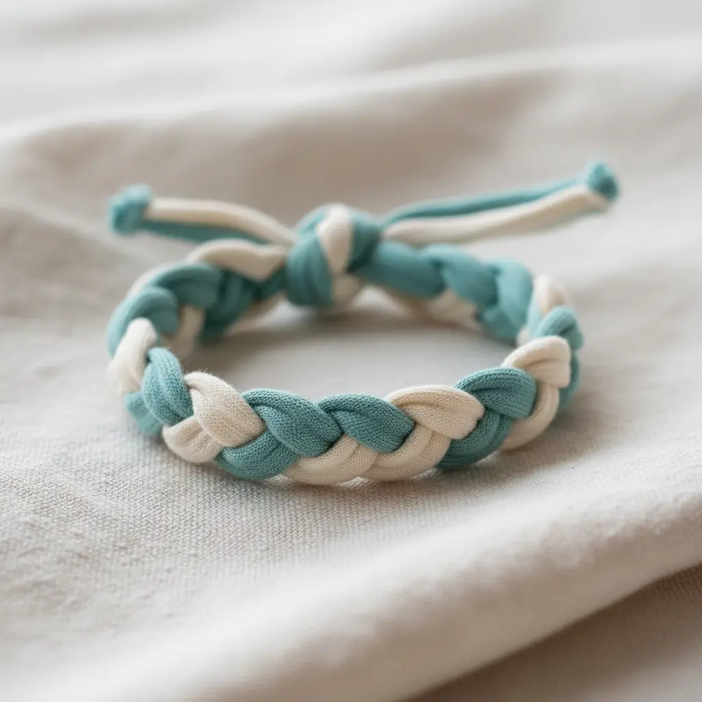 Close-up of a braided bracelet made from soft jersey fabric strips in teal and cream, with a simple knot closure.