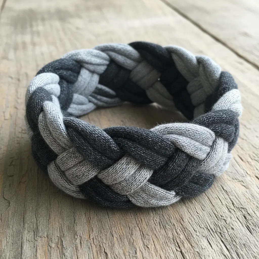 A woven bracelet using thick strips of distressed t-shirt yarn in gray, with a rustic, chunky texture.