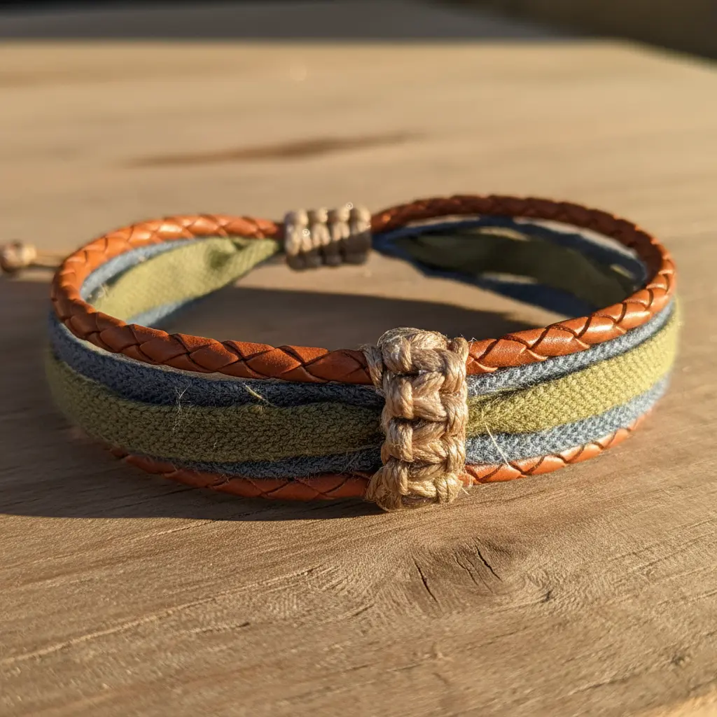 A bracelet combining leather cord and fabric strips in earthy tones, with a wrapped knot closure.